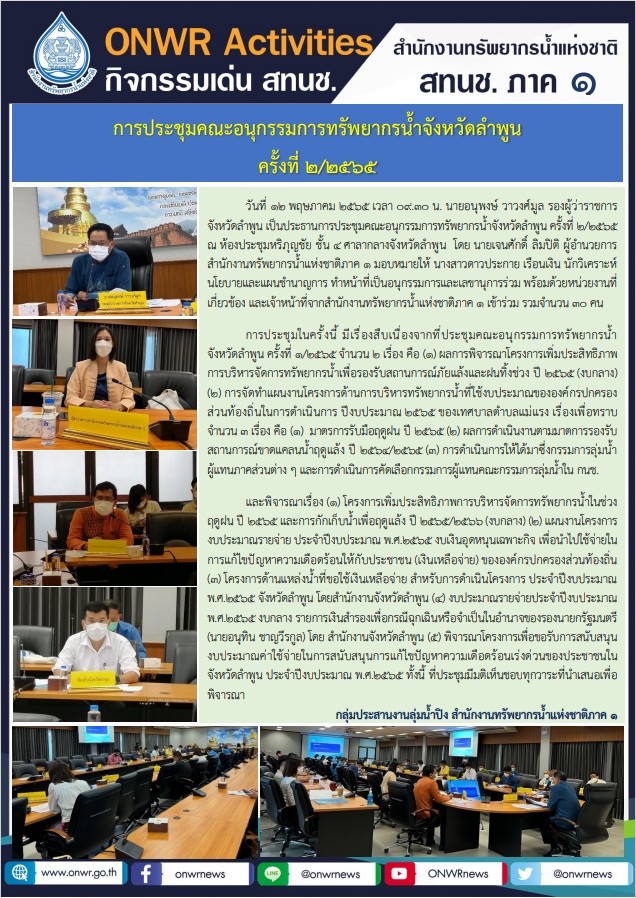 ประชุมคณะอนุกรรมการทรัพยากรน้ำจังหวัดลำพูน ครั้งที่ 2/2565