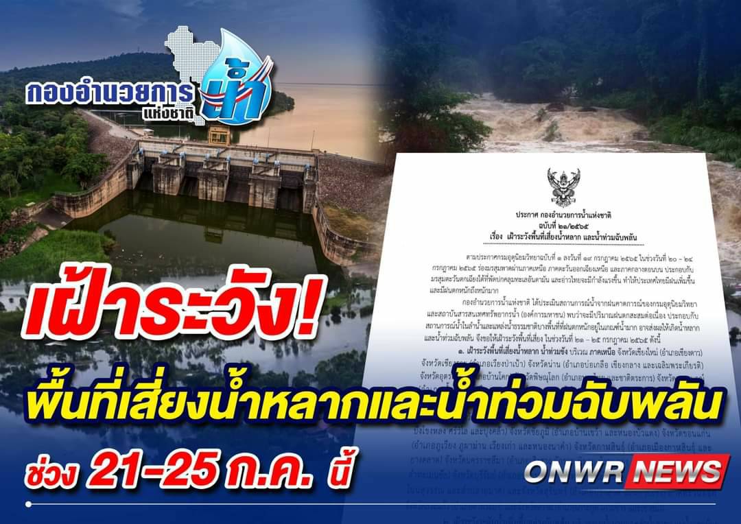 เฝ้าระวังพื้นที่เสี่ยงน้ำหลาก และน้ำท่วมฉับพลัน  21 – 25 ก.ค. 65