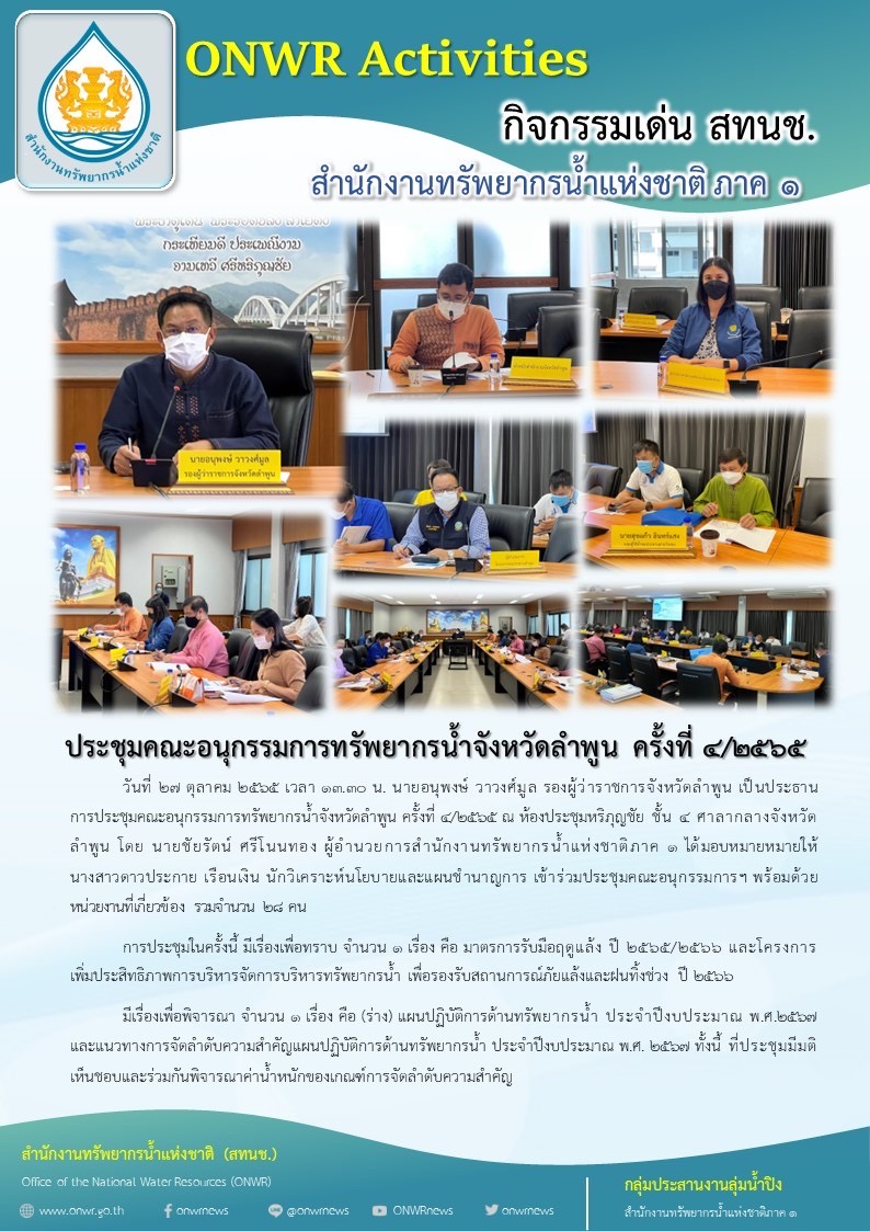 ประชุมคณะอนุกรรมการทรัพยากรน้ำจังหวัดลำพูน ครั้งที่ 4/2565