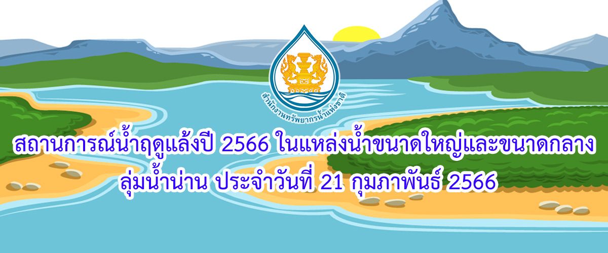 สถานการณ์น้ำฤดูแล้งปี 2566 ในแหล่งน้ำขนาดใหญ่และขนาดกลาง ลุ่มน้ำน่าน ประจำวันที่ 21 กุมภาพันธ์ 2566