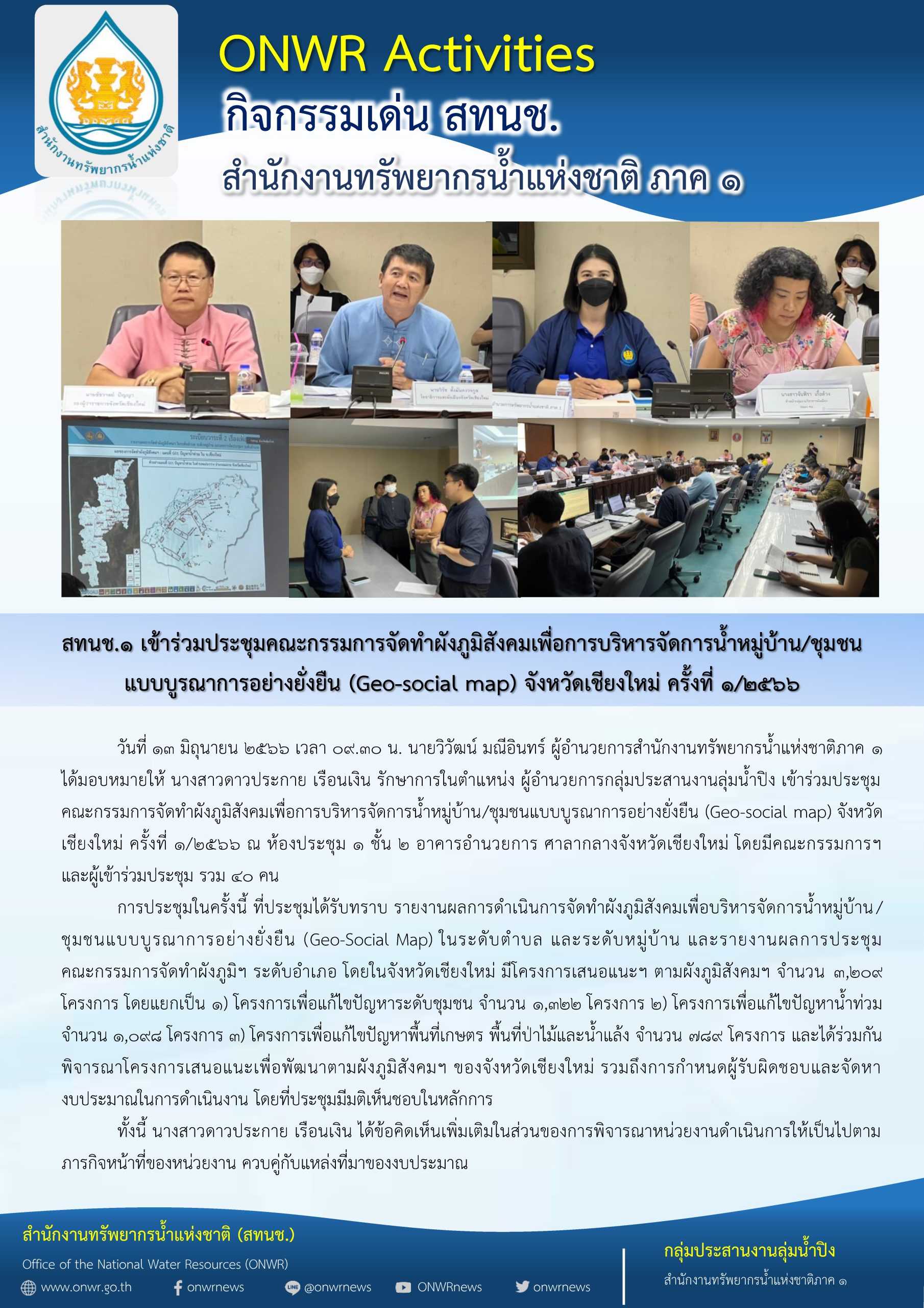 สทนช.1 เข้าร่วมประชุมคณะกรรมการจัดทำผังภูมิสังคมเพื่อการบริหารจัดการน้ำหมู่บ้าน/ชุมชน แบบบูรณาการอย่างยั่งยืน (Gea-social map) จังหวัดเชียงใหม่ ครั้งที่ 1/2566