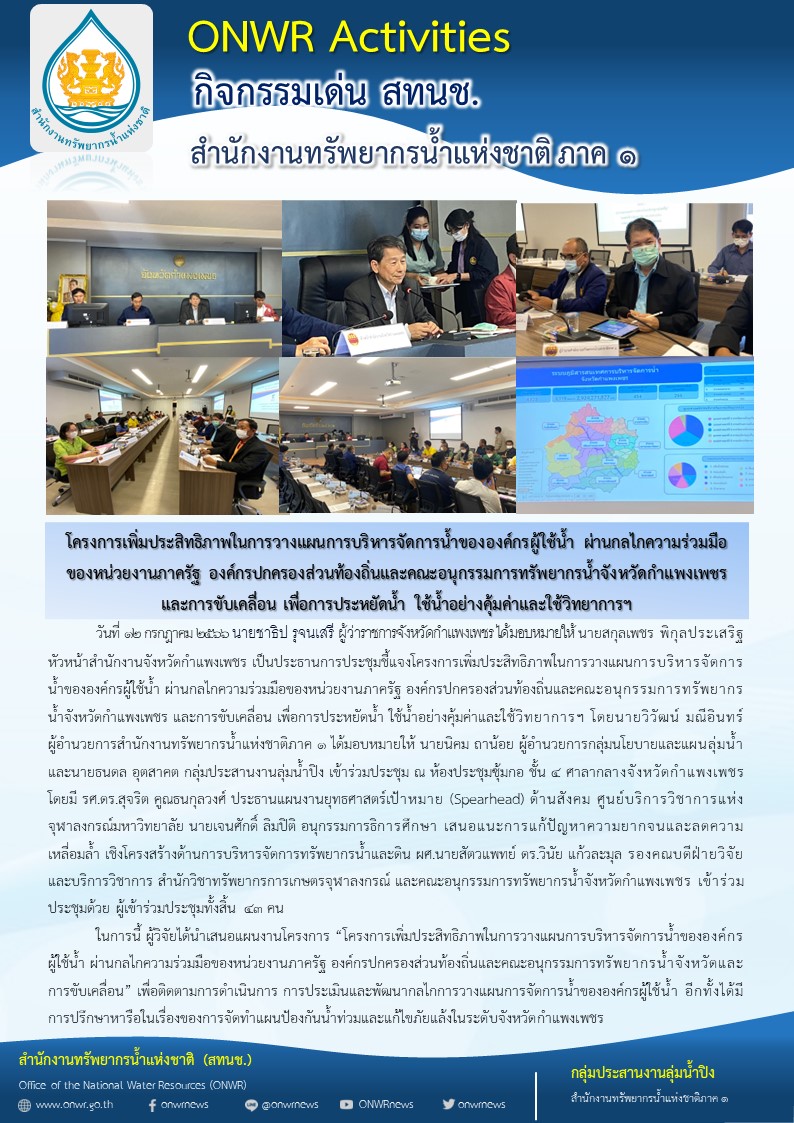 โครงการเพิ่มประสิทธิภาพในการวางแผนการบริหารจัดการน้ำขององค์กรผู้ใช้น้ำ ผ่านกลไกความร่วมมือ ของหน่วยงานกาครัฐ องค์กรปกครองส่วนท้องถิ่นและคณะอนุกรรมการทรัพยากรน้ำจังหวัดกำแพงเพชร และการขับเคลื่อน เพื่อการประหยัดน้ำ ใช้น้ำอย่างคุ้มค่าและใช้วิทยาการฯ