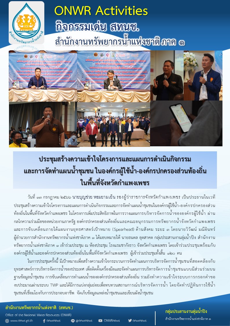 ประชุมสร้างความเข้าใจโครงการและแผนการดำเนินกิจกรรม และการจัดทำแผนน้ำชุมชน ในองค์กรผู้ใช้น้ำ-องค์กรปกครองส่วนท้องถิ่น ในพื้นที่จังหวัดกำแพงเพชร