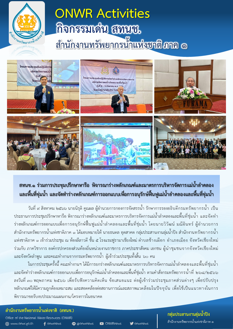 สทนช.1 ร่วมการประชุมปรึกษาหารือ พิจารณาร่างหลักเกณฑ์และมาตรการบริหารจัดการแม่น้ำลำคลอง และพื้นที่ชุ่มน้ำ และจัดทำร่างหลักเกณฑ์การออกแบบเพื่อการอนุรักษ์ฟื้นฟูแม่น้ำลำคลองและฟื้นที่ชุ่มน้ำ